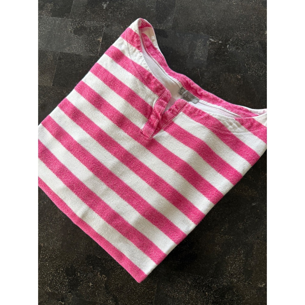 T by Talbots Pink White Striped Split Neck Kangaroo Pocket Top Womens L Nautical